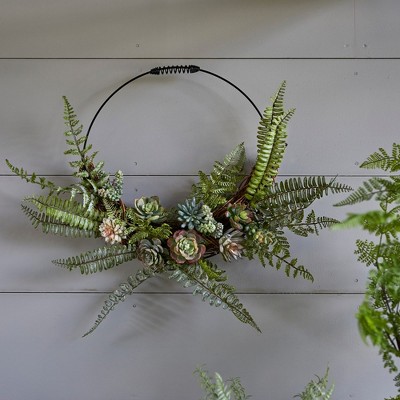 Green and Red Faux Fern and Succulent Wall Wreath