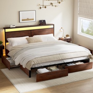 WOWLIVE Platform Bed Frame Queen/Full/King Size with 4 Drawers, Charging Station and LED Light, Wood Platform Bed with Storage Headboard - 1 of 4