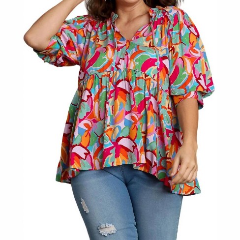 Umgee Full Size Botanical Print Babydoll Top Plus Size