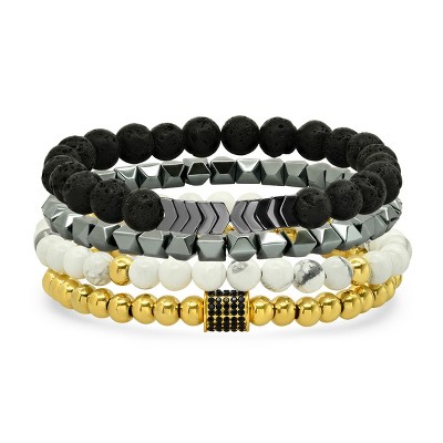 Steeltime Men's black lava,  hematite, white agate, and 18k gold plated stainless steel beaded bracelet set