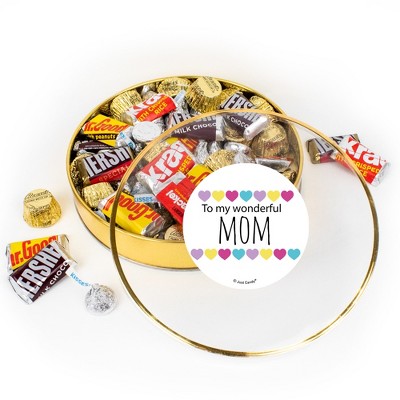 Mother's Day Candy Gift Tin - Plastic Tin with Chocolate Hershey's Kisses, Hershey's Miniatures & Reese's Peanut Butter Cups - By Just Candy