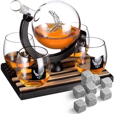 The Wine Savant Airforce Globe Design Whiskey & Wine Decanter Set Includes 4 Airforce Whiskey Glasses & 9 Whiskey Stones - 850 ml