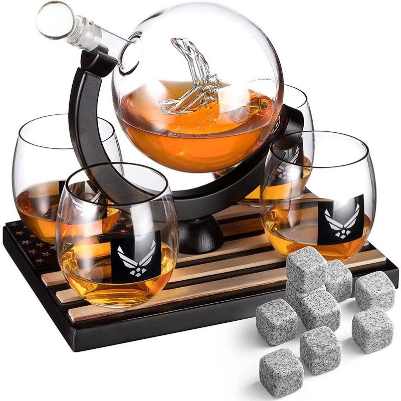 The Wine Savant Airforce Globe Design Whiskey & Wine Decanter Set Includes 4 Airforce Whiskey Glasses & 9 Whiskey Stones - 850 ml, 1 of 7