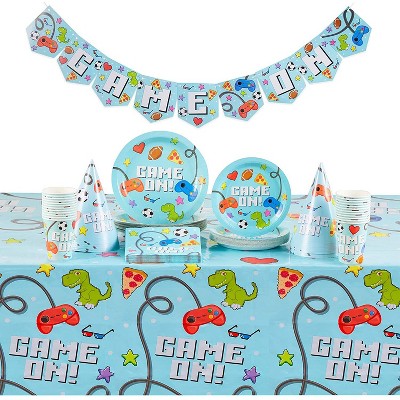 Blue Panda Serves 24, 99 Pieces, Video Game Party Supplies, Disposable Dinnerware, Tablecloth, Banner