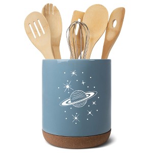 Elanze Designs 8 inch Galactic Stars and Planet Large Ceramic Kitchen Utensil Holder Sky Blue and White Crock with Cork Base - 1 of 4