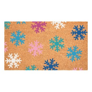 HomeRoots 17" X 29" Brown Blue And White Christmas Snowflake Outdoor Coir Door Mat - 1 of 4