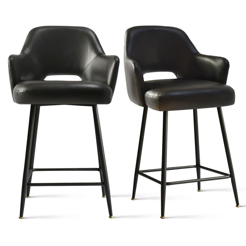 Set of 2 Edwin 25.5" Contemporary Armrest Upholstered Faux Leather With Matte Black Metal Legs Counter Height Barstools-Maison Boucle, 2 of 10