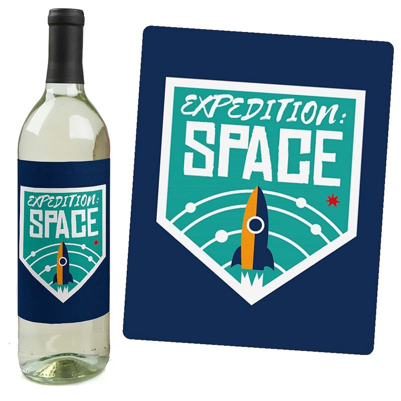 Big Dot of Happiness Blast Off to Outer Space - Rocket Ship Baby Shower Birthday Party Decor for Women & Men - Wine Bottle Label Stickers - Set of 4, 2 of 9