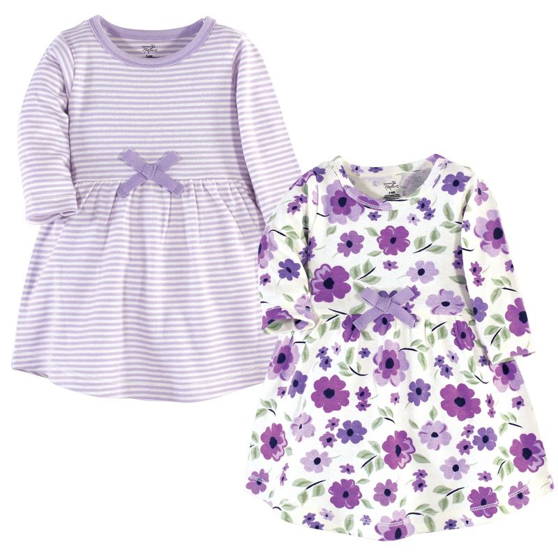 Touched by Nature Baby and Toddler Girl Organic Cotton Long-Sleeve Dresses 2pk, Purple Garden, 1 of 5