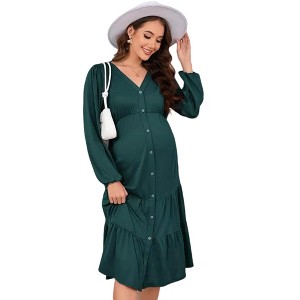 Women's Maternity Dress V Neck Long Sleeve Button Front Tiered Hem Casual Midi Dress - 1 of 4