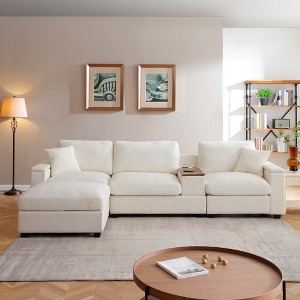 120.3"W L-Shaped Sectional Sofa, Comfy Cloud Couch with 360° Swivel Tray, USB Ports, Storage Armrest, Cup Holders & Ottoman - ModernLuxe - 1 of 4