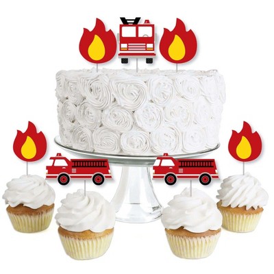 Big Dot of Happiness Fired Up Fire Truck - Dessert Cupcake Toppers - Firefighter Firetruck Baby Shower or Birthday Party Clear Treat Picks - Set of 24