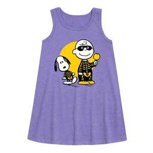 - Peanuts - Charlie And Snoopy Skeleton Graphic Sleeveless Aline Dress - 1 of 4