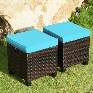 Tangkula Set of 2 Patio Rattan Ottoman Footrest Garden Outdoor w/ Brown/Turquoise/Navy Cushion - 1 of 4