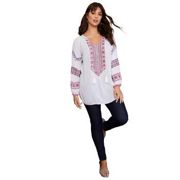 June + Vie by Roaman's Women's Plus Size Embroidered Peasant Blouse