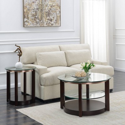 Espresso Round Wood and Glass Coffee Table with Interior Shelf