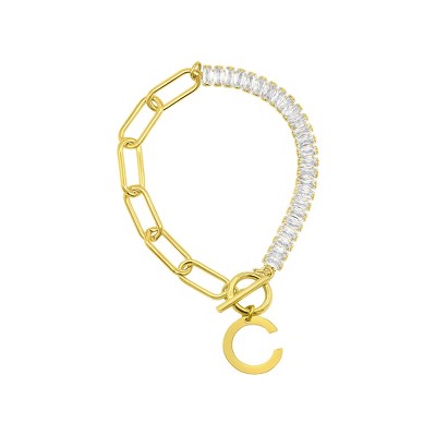 Adornia 14k Gold Plated Half Crystal And Half Paperclip Initial Toggle Bracelet