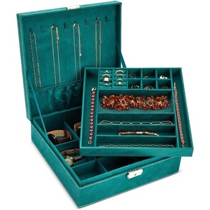 2-Layer Jewelry Box with Lock, Black Velvet Travel Organizer for Earrings & Necklaces, 10.5x10.5x3.5 Inches - 1 of 4