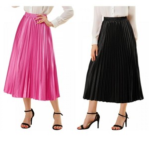 Allegra K Women's Party Elastic Waist Metallic Shiny Pleated Midi Skirt 2 Pcs - 1 of 4