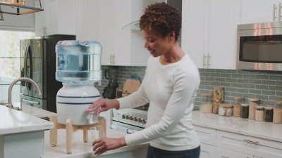 Primo White Ceramic Tabletop Water Dispenser with Wooden Stand