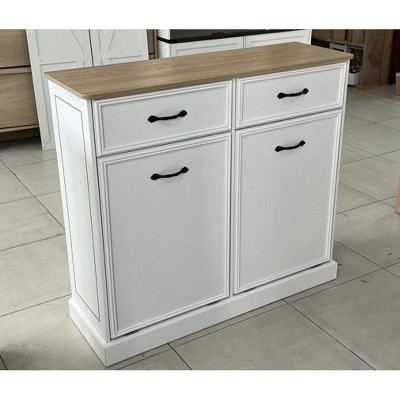 Wooden Tilt Out Trash Cabinet, Freestanding Kitchen Trash Bin Cabinet with Hideaway Drawer for Kitchen & Living Room