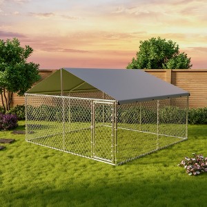 Large Outdoor Dog Kennel with Waterproof & UV-Resistant Cover, Galvanized Chain Link Dog Enclosure, Outside Dog Kennel with Roof, 10x10x6ft - 1 of 4