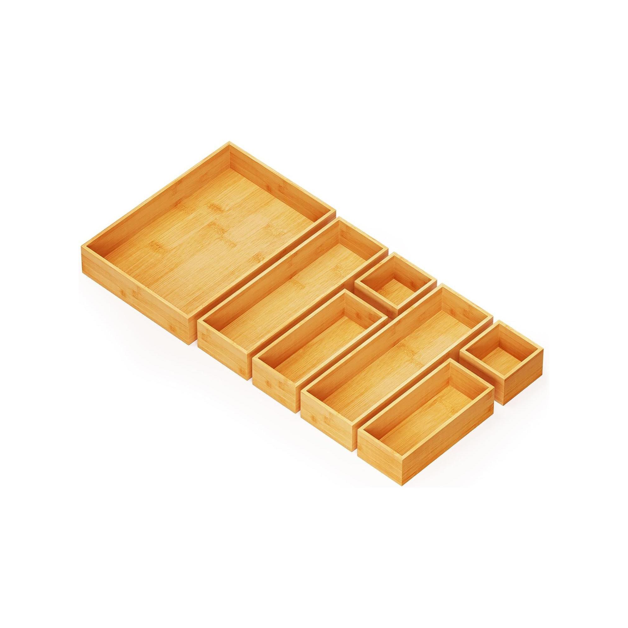 7-Piece Bamboo Drawer Organizer Set – Multi-Use Divider Bins for Kitchen, Bathroom, Office, and Makeup Storage, Natural