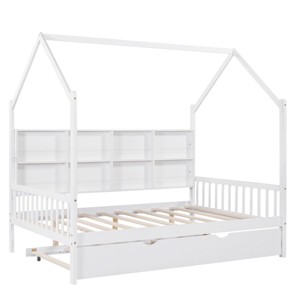 TopComfy Beds Wooden Full House Bed with Trundle Kids Bed with Built In Shelf Full Size Wooden Frame for Kids Room, White, 78"*17.6"*7.35" - 1 of 4