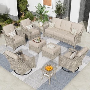 XIZZI 8 Pieces Wicker Sofa with Cushion, Swivel Rocking Chairs, High Back Rattan Chairs and Ottomans, 9 Seats Conversation Set for Backyard - 1 of 4
