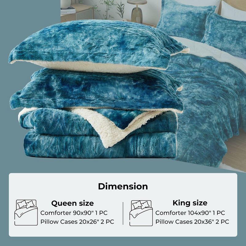 Peace Nest Reversible Faux Fur Shearling Comforter Set Soft Minky Plush and Fuzzy Fleece Microfiber 3PC Comforter Set, Peacock Blue, 3 of 6