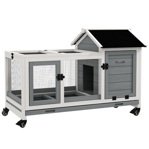 Pawhut Indoor Outdoor Wooden Rabbit Hutch With Wheels, Large Bunny Cage  With Run, Slide-out Tray For Small Animals, Guinea Pig, Gray : Target