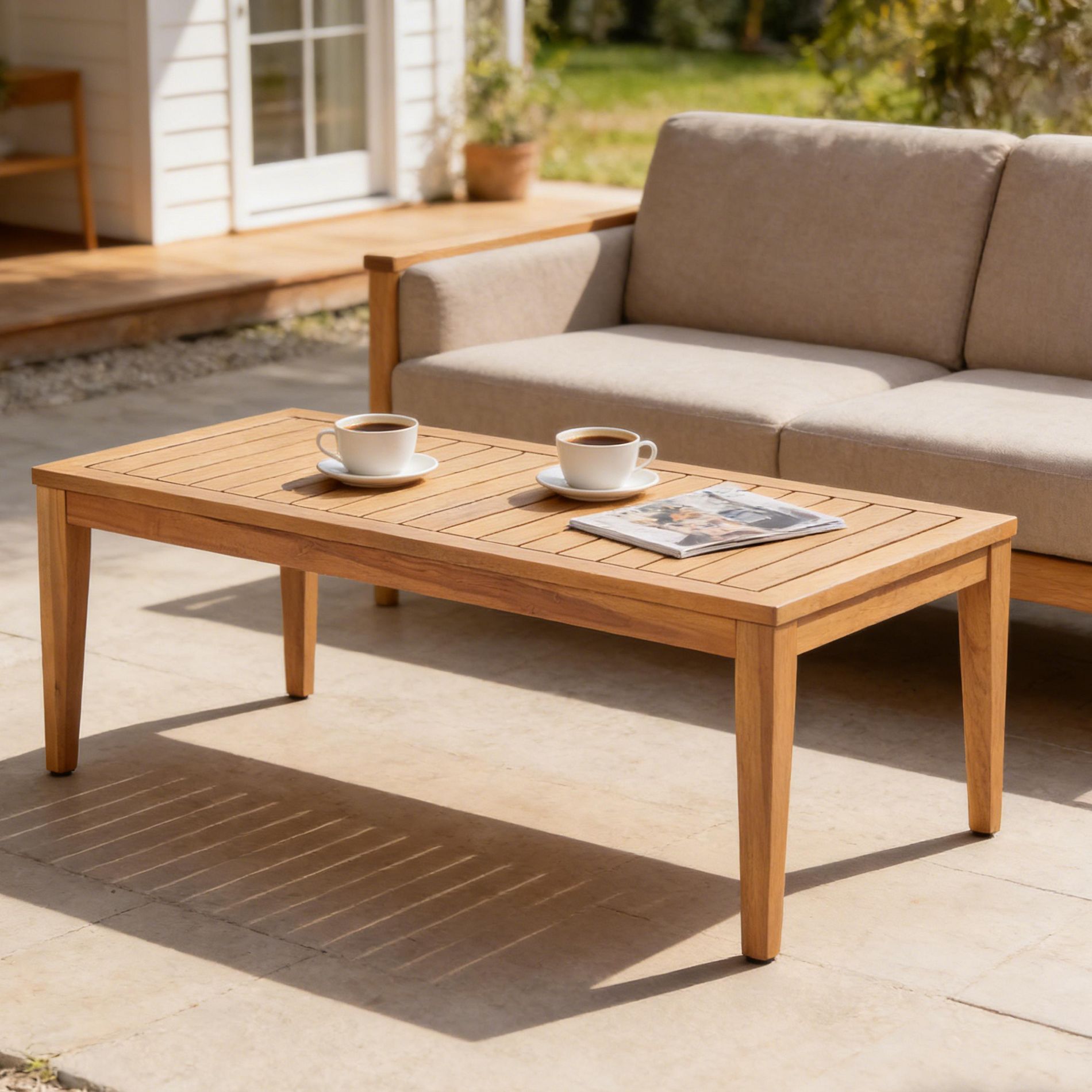 ModernLuxe 47.24'' Outdoor Coffee Table Patio Center Table Farmhouse Accent Table Acacia Wood Coffee Table, Teak Finish