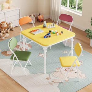 Boys and Girls Folding Table and Chairs Set of 3, Portable Table and Chair with Pu Soft Cushion, Suitable for Eating, Reading and Playing - 1 of 4