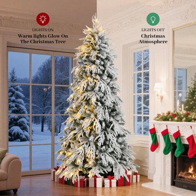 8FT Slim Pre-Lit Flocked Christmas Tree with 350 Warm White LED Lights, 950 PE & PVC Tips, Metal Stand, Artificial Pencil Tree-- Frevyn