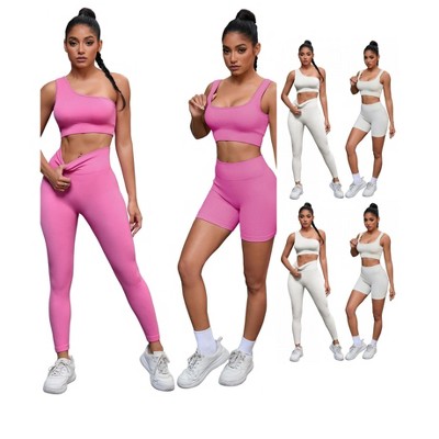 INSPIRE CHIC Women's 6 Sets Exercise Outfits Scoop Neck One Shoulder High Waist Gyms Body Shapers Workout Set