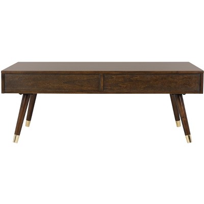 Transitional Mid-Century 48" Brown Wood Coffee Table with Gold Caps