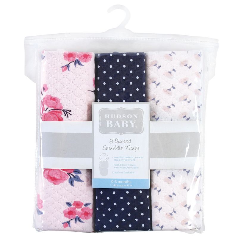 Hudson Baby Infant Girl Quilted Cotton Swaddle Wrap 3pk, Pink Navy Floral, 0-3 Months, 3 of 7