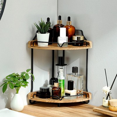 Hachikiko 2 Tier Bathroom Countertop Organizer - Wood Corner Bathroom Counter Storage for Makeup & Skincare, Makeup Organization for Vanity