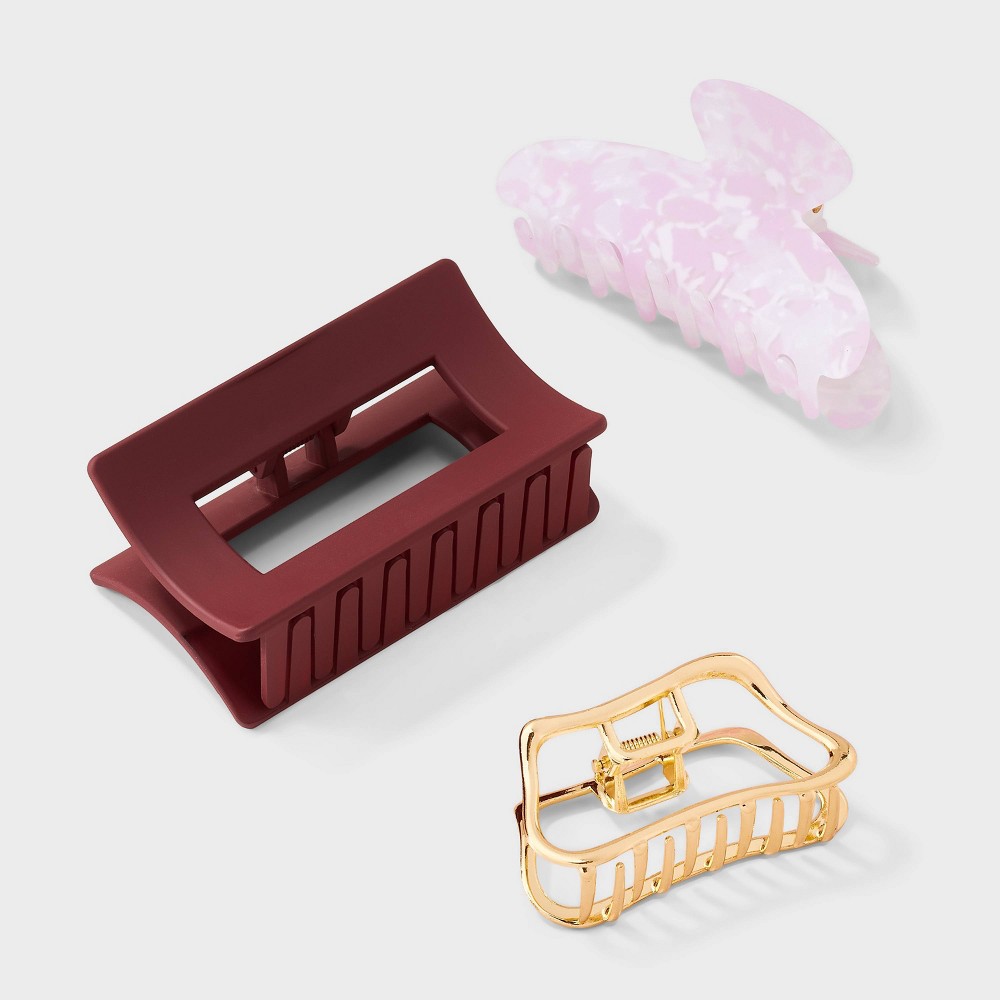 Mixed Shape Abstract Claw Hair Clip Set 3pc - Universal Thread™ Gold/Maroon/Pink