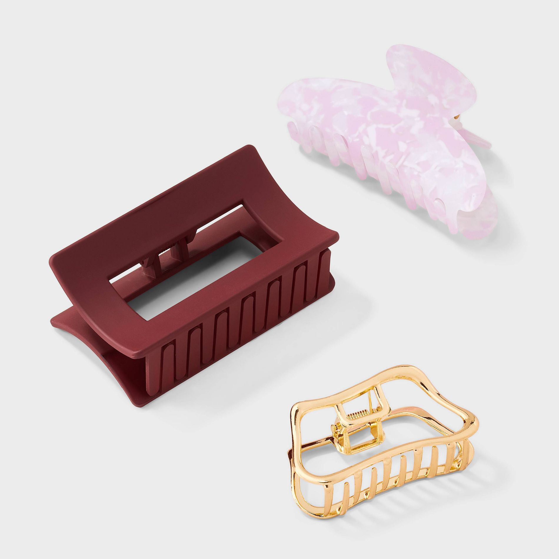 Mixed Shape Abstract Claw Hair Clip Set 3pc - Universal Thread™ Gold/Maroon/Pink