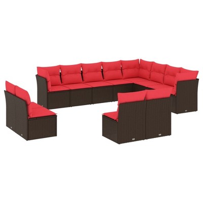 vidaXL 12 Piece Patio Sofa Set with Cushions Brown and Red - Without Table