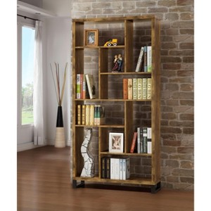 1pc Industrial Style Bookcase Ten Shelves Bookshelf Rustic Antique Nutmeg Black Metal Base Home Office - 1 of 4
