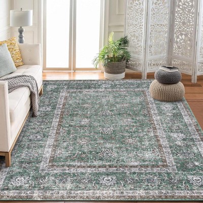 Area Rug for Living Room, Machine Washable Boho Rug for Bedroom, Low Pile Lightweight Thin Floral Vintage Distress Print Pattern Carpet