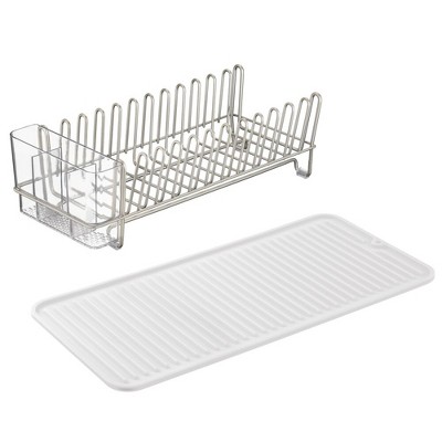 mDesign Compact Dish Drying Rack and Silicone Mat, Set of 2 - Satin/White