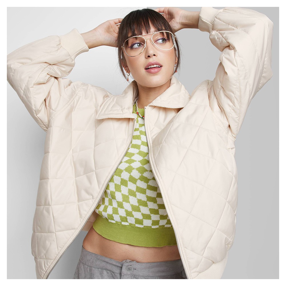 Women's Nylon Quilted Bomber Jacket - Wild Fable™ Off-White M, Women's Plus Size Nylon Quilted Bomber Jacket - Wild Fable™ Off-White 1X, Heart Butterfly and Strawberry Charm Hoop Earring Set 3pc - Wild Fable™ Gold, Women's Crewneck Fitted Sweater Vest - Wild Fable™ Lime Green Check S, Simulated Pearl and Heart Charm Choker Necklace Set 5ct - Wild Fable™ Black