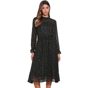 INSPIRE CHIC Women's Sheer Sleeve Smocked Waist Midi Metallic Stars Party Dresses with Lining - 1 of 4