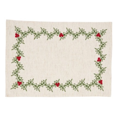 Natural Embroidered Holly Holiday Placemats and Napkins Set