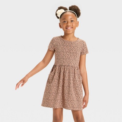 Girls' Short Sleeve 'Animal' Printed Knit Dress - Cat & Jack™ Beige L Plus