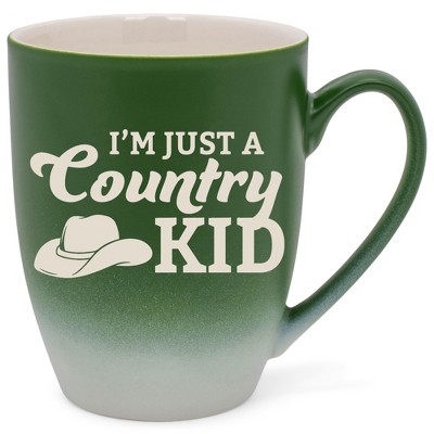 100 North Cowboy Hat 10 Ounce Green and White Two Toned Ombre, Comfortably Fits Your Hands, Ceramic Tea Coffee Cup Mug, I'm Just A Country Kid
