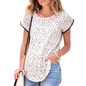 Amaryllis Women's Short-Sleeve Crew Neck Leopard Print Top Pom-Pom Trim Detail Casual Chic - 1 of 4